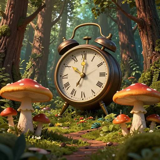 Photorealistic CGI of a vintage black alarm clock with Roman numerals, surrounded by red-and-white mushrooms in a lush forest.