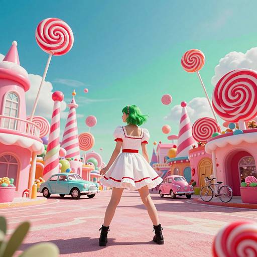 Digital artwork: Green-haired girl in white dress with red trim stands confidently in a candy-themed town, surrounded by giant lollipops and colorful buildings