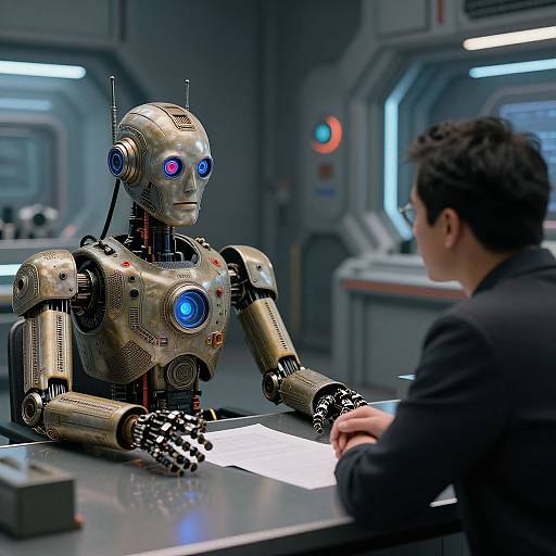Photograph of a futuristic sci-fi scene: a humanoid robot with glowing blue eyes and metallic body interacts with a man in a black suit at a sleek