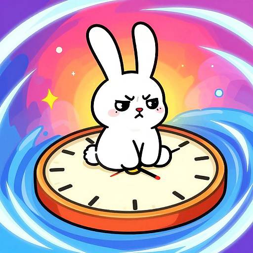 Cartoon white rabbit with a grumpy expression sits on a clock face, surrounded by colorful, swirling cosmic background with bright stars. Digital art in vibrant