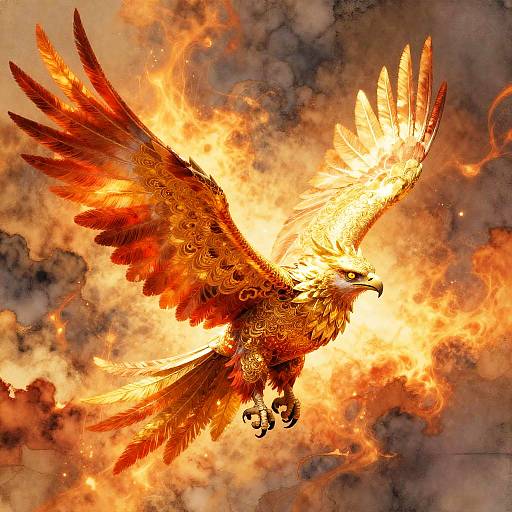 Aerial Golden Phoenix Warrior Watercolor