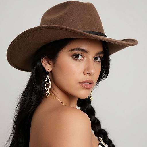 Photograph of a beautiful Latina woman with long black hair in a braid, wearing a brown cowboy hat, gold earrings, and necklace, looking over
