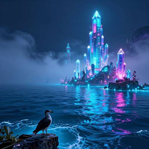 Digital artwork: Neon-lit, glowing crystal city on a misty, blue-lit ocean, illuminated by vibrant blue, purple, and pink lights