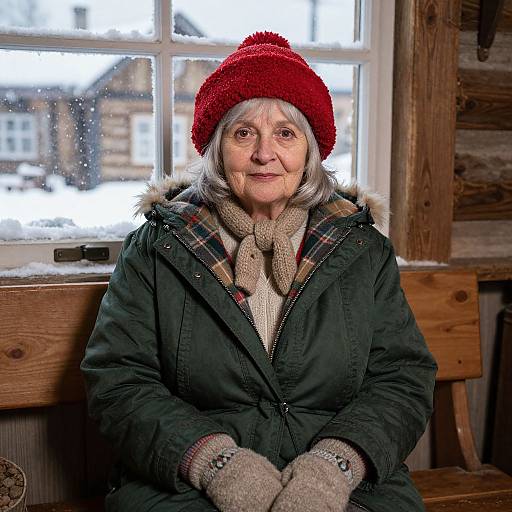 Photograph of an elderly woman with gray hair, wearing a red knit hat, green coat, plaid scarf, beige gloves, sitting by a snowy