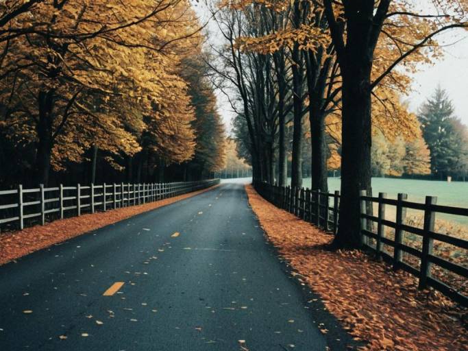 Autumn Roadscape with Trees and Fence