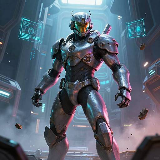 Heroic Sci-Fi Android Warrior in Space Station Corridor