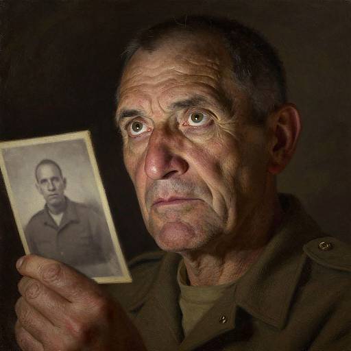 Photograph of an elderly man with wrinkled skin, holding a vintage black-and-white portrait of himself, wearing a dark military-style shirt.
