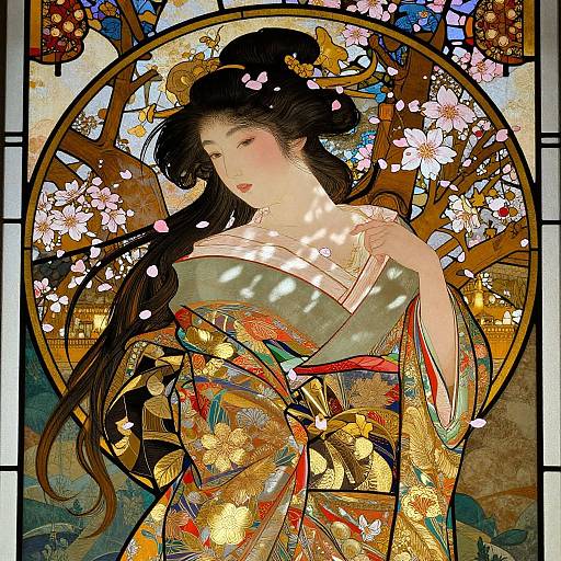 Digital artwork of a serene Japanese woman with long black hair, wearing an ornate kimono, surrounded by cherry blossoms and stained glass.