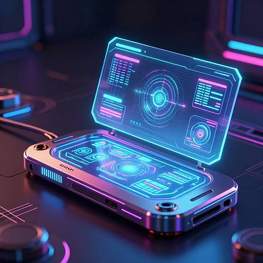 Neon-lit, futuristic laptop with glowing blue and pink holographic interface, open on a dark, tech-themed surface, surrounded by illuminated controls.