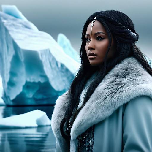 Digital artwork of a dark-skinned woman with long black hair, wearing a fur-trimmed coat and forehead ornament, standing in front of glowing blue