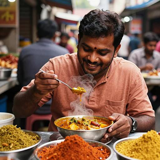 Joyful Indian Man Enjoying Curry