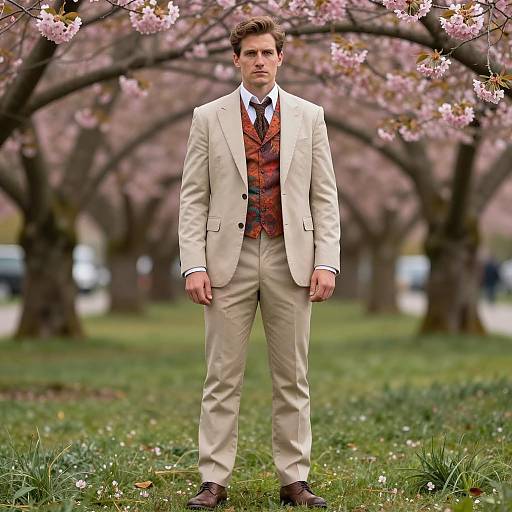 Man in Victorian-Inspired Suit Under Cherry Blossoms
