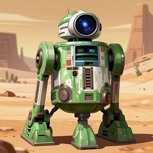 Digital illustration of a green, cylindrical robot with round blue eye, standing in a desert landscape with sand dunes and distant rock formations. Bright, colorful