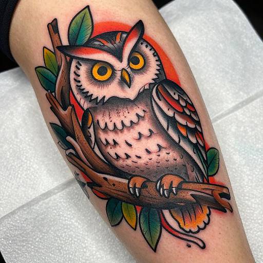 Vivid tattoo of a large, detailed owl with yellow eyes perched on a brown branch, surrounded by green leaves on a red background, on a