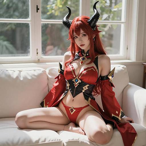 Red-Haired Fantasy Woman in Sunlit Room