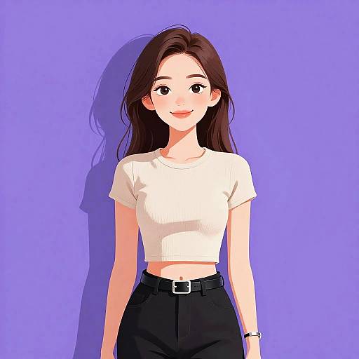 Digital anime-style drawing of a smiling young woman with long brown hair, wearing a white crop top and black high-waisted pants, against a solid