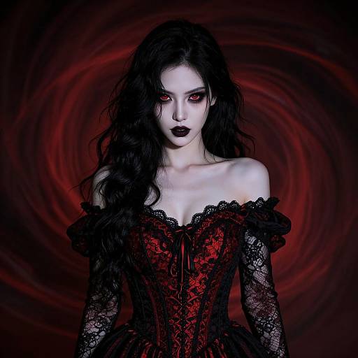 Digital artwork of a pale, dark-haired woman with red eyes, black lipstick, and a red-black lace corset, set against a swirling red background