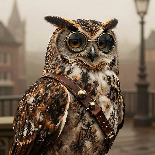 Digital artwork of a wise owl wearing round glasses and a leather harness, set against a foggy, urban background.