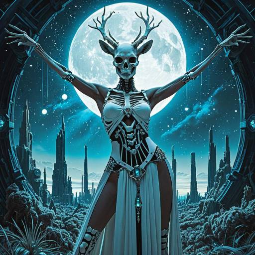 Skeletal Fashion Model with Antlers under Full Moon