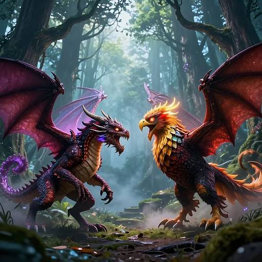 Digital fantasy artwork of two fierce dragons facing each other in a misty forest, one with red wings and purple aura, the other with orange mane and
