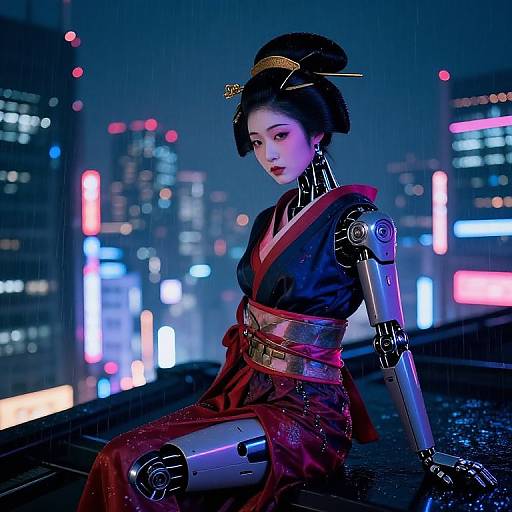 Cyborg geisha in a neon-lit city, wearing traditional black kimono with red obi, sitting on a wet rooftop at night.