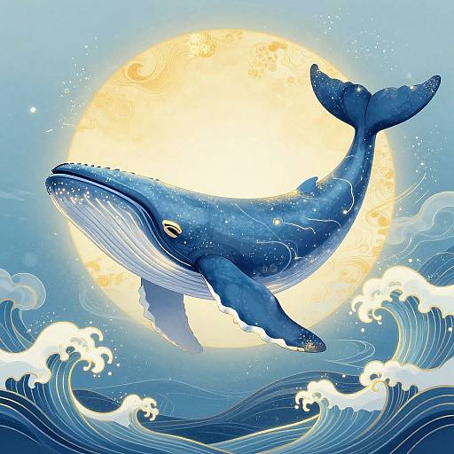 Whimsical Blue Whale Ukiyo-e Art