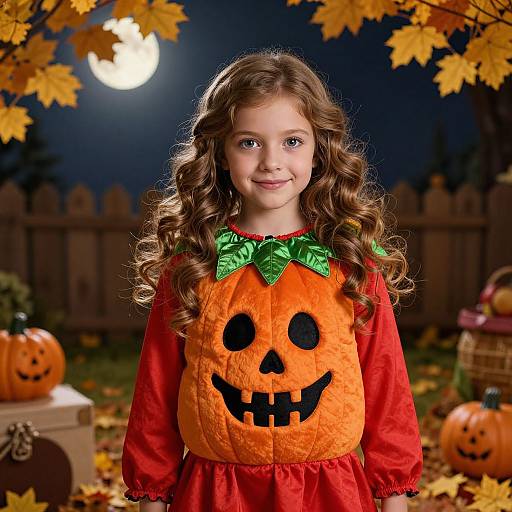 Photograph of a young girl with curly brown hair, wearing a Halloween pumpkin dress, green bow, standing in autumn night yard with full moon, pump