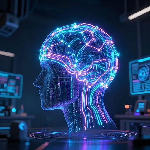 Neon-lit, digital human head silhouette with glowing blue and purple neural network lines in a futuristic, tech-filled laboratory. CGI image.