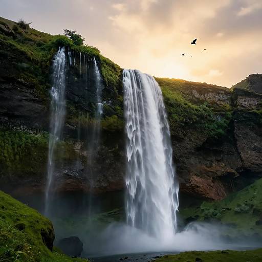 Photograph of a dual-waterfall cascading down a moss-covered cliff into a misty pool, with a golden sunset and birds flying in the cloudy