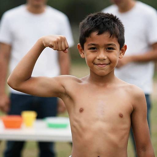 Young Boy Flexing Muscles Outdoors