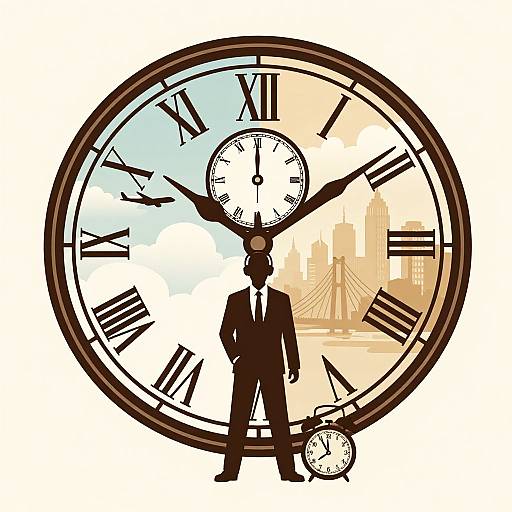 Illustration of a black-suited man standing in front of a large clock with Roman numerals, a city skyline background, and a small clock at