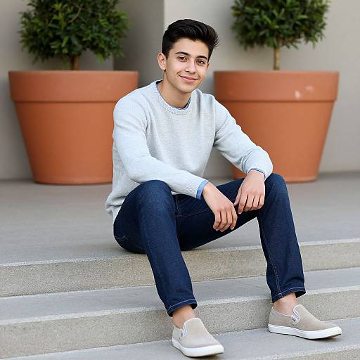 Photograph of a young man with short black hair, light skin, wearing a white sweater, dark jeans, and beige sneakers, sitting on concrete steps