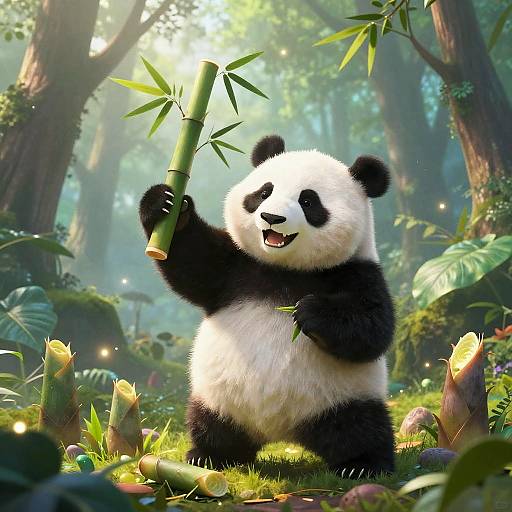Digital illustration of a cute, chubby panda standing in a sunlit, lush forest, holding a bamboo stalk and smiling. Bright green foliage surrounds it.