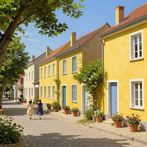 Photograph of a sunny, cobblestone street lined with yellow and beige cottages, potted flowers, and two women in vintage dresses walking.