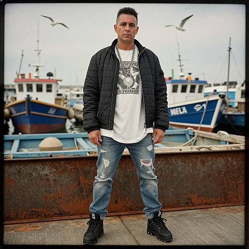 Photograph of a muscular man with short black hair, wearing a black puffer jacket, white graphic tee, ripped jeans, and black boots, standing