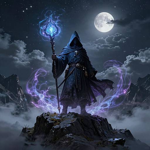 Mysterious Hooded Wizard on Mountain