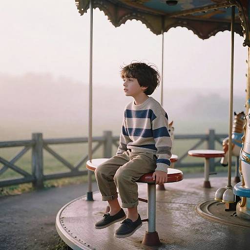 Photograph of a young boy with curly hair, wearing a striped sweater and beige pants, sitting on a carousel seat, looking to the right, with