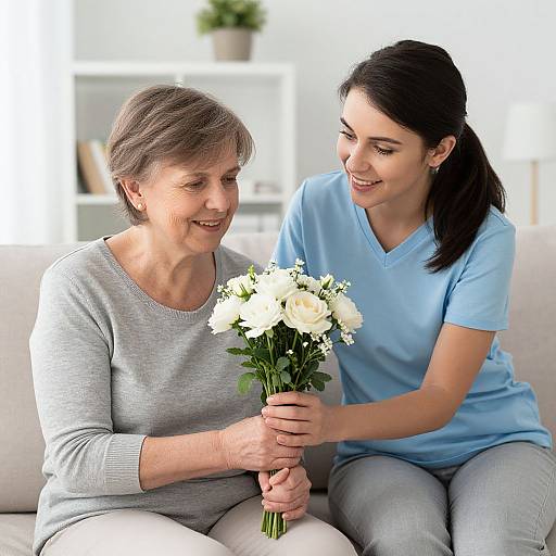 Photograph of an elderly woman with short gray hair in a gray sweater, smiling while holding a bouquet of white flowers, assisted by a young woman with
