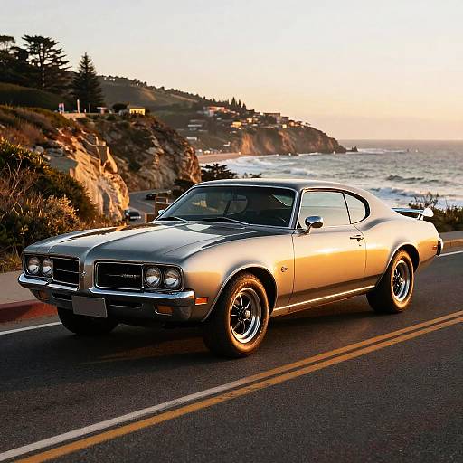 Photograph of a silver 1969 Ford Mustang driving on a coastal road at sunset, with cliffs and ocean in the background.