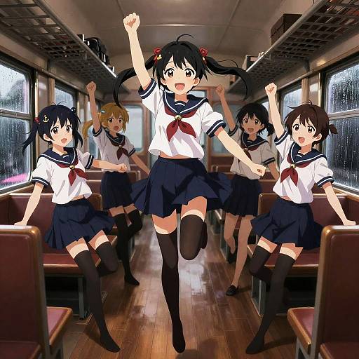 Admiral Schoolgirls in Rainy Train Compartment