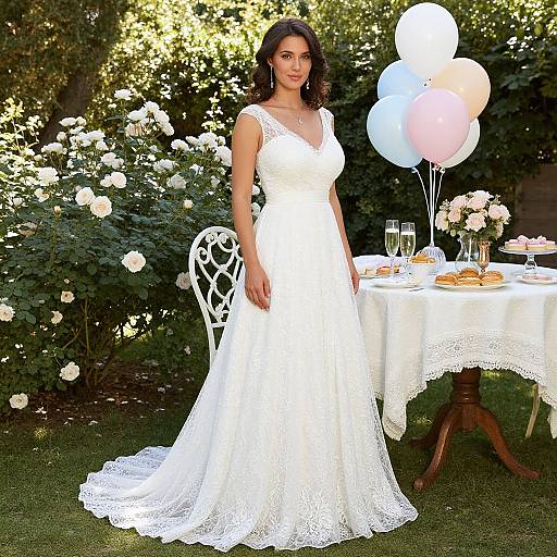 Photograph of a brunette woman in a white lace wedding dress standing by an outdoor table with pastel balloons, flowers, and desserts in a garden with