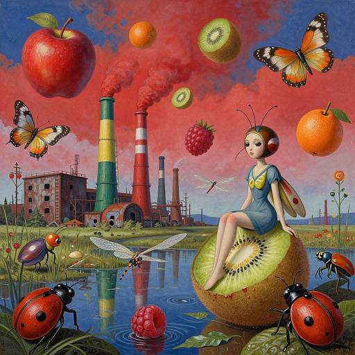 Digital surreal art: girl with antennae, butterfly wings, sitting on giant kiwi, surrounded by floating fruits, insects, and colorful industrial background.