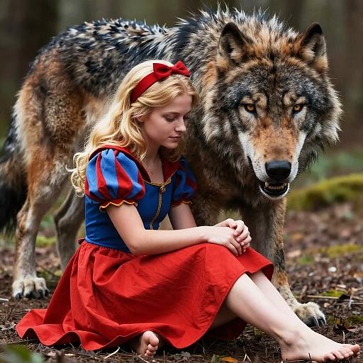 Photograph of a blonde woman in a blue and red Snow White costume, sitting on forest floor with a large, alert wolf beside her.