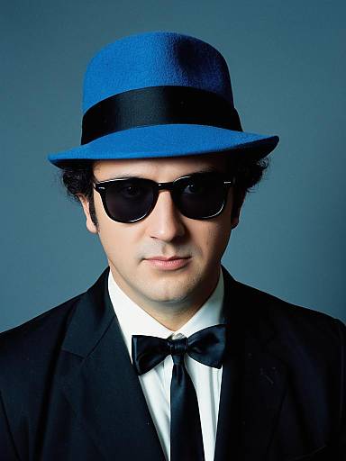 Photograph of a man with pale skin, dark curly hair, wearing a blue fedora, black sunglasses, black bow tie, black suit, and