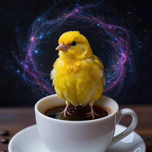 Photograph of a vibrant yellow chick perched in a white coffee cup, surrounded by a swirling galaxy of stars and nebulas.