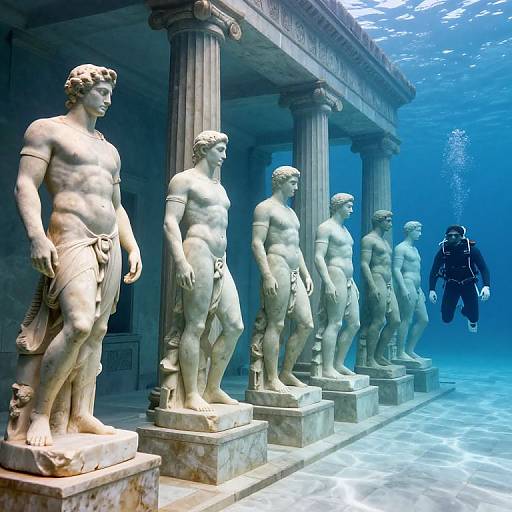 Photograph of six classical marble statues of muscular, nude men standing in a blue-tinted, underwater pool, with a scuba diver in the