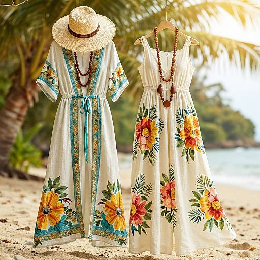 Photograph of two floral summer dresses with straw hats and bead necklaces, displayed on a sunny, tropical beach with palm trees.