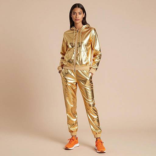 Young woman in shiny gold tracksuit and orange sneakers