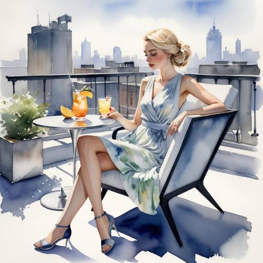 Serene Rooftop Relaxation in Watercolor Serene Rooftop Relaxation in Watercolor