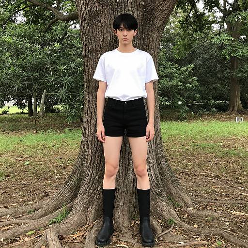 Photograph of an Asian man with short black hair, wearing a white t-shirt, black shorts, and black knee-high socks, standing against a large
